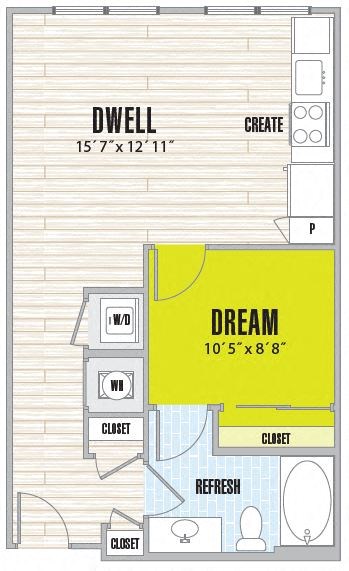 Floor plan for 1 bed, 1 bath, 578 sqft